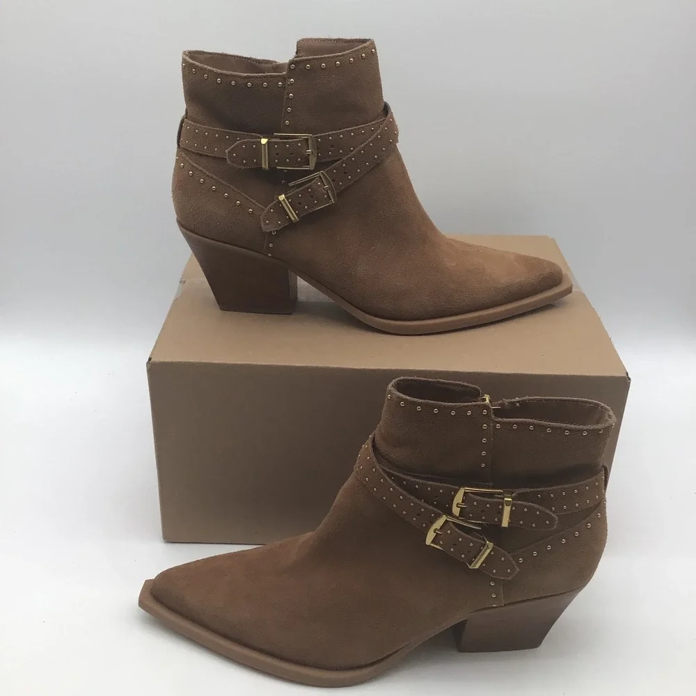 Dolce Vita Roland‎ Suede Studded Western Ankle Boots Size 11 Brown Buckle NEW